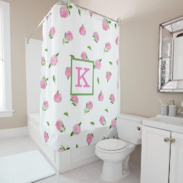 Waterverf Roze Hortensia Monogram Elegante Bloemen Douchegordijn