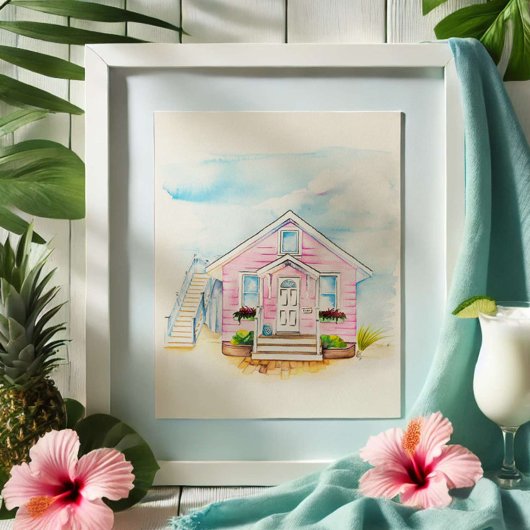 Waterverf Roze Huis Portret Poster