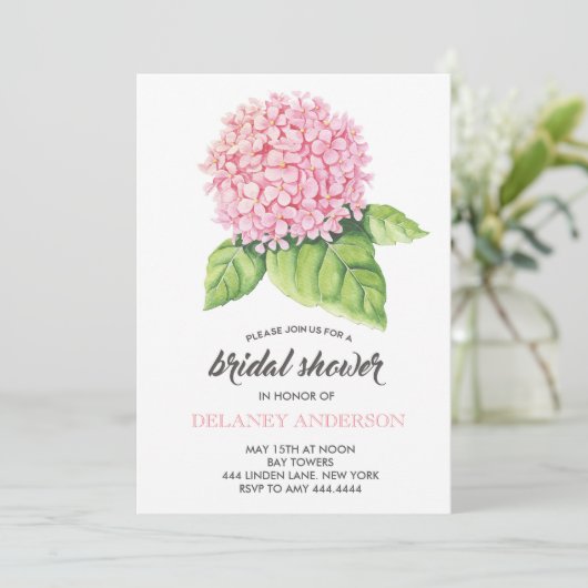 Waterverf Roze Hydrangea Bruids Douche Uitnodiging (Staand voorkant)