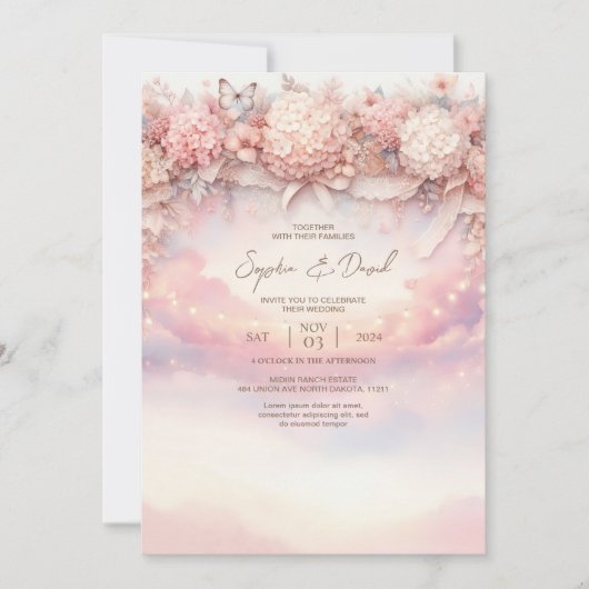 Waterverf Roze Hydrangea bruiloft uitnodiging (Voorkant)