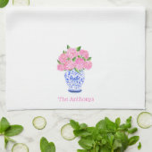 Waterverf Roze Hydrangea Chinoiserie Gepersonalise Theedoek (Gevouwen)