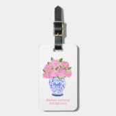 Waterverf Roze Hydrangea Chinoiserie Naam Bagagelabel (Voorkant verticaal)