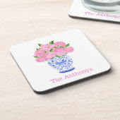 Waterverf Roze Hydrangea Chinoiserie Naam Bier Onderzetter (Linkerzijde)