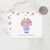 Waterverf Roze Hydrangea Chinoiserie Naam Notitiekaartje (Voorkant / Achterkant in situ)