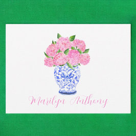 Waterverf Roze Hydrangea Chinoiserie Script Naam Notitiekaartje