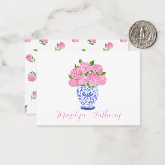 Waterverf Roze Hydrangea Chinoiserie Script Naam Notitiekaartje (Voorkant / Achterkant in situ)