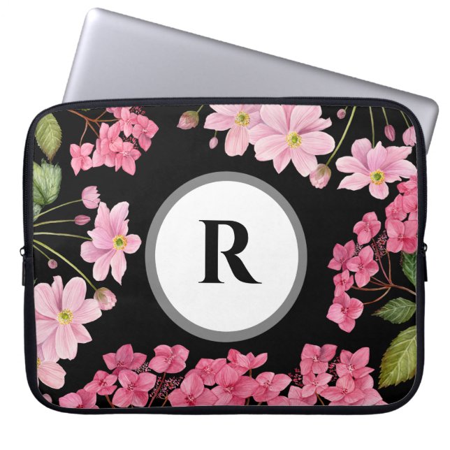 Waterverf Roze Hydrangea en Japans Anemone Laptop Sleeve (Voorkant)