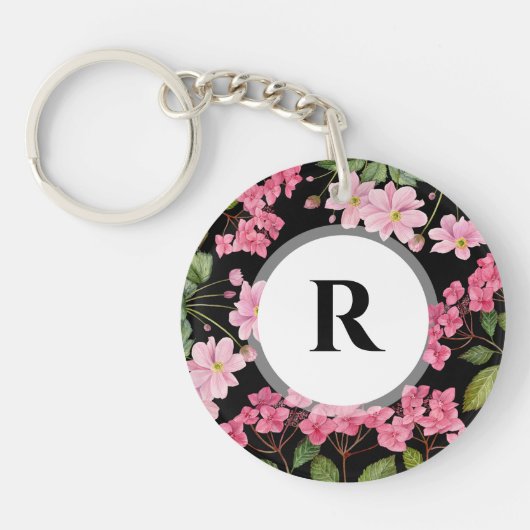 Waterverf Roze Hydrangea en Japans Anemone Sleutelhanger (Voorkant)