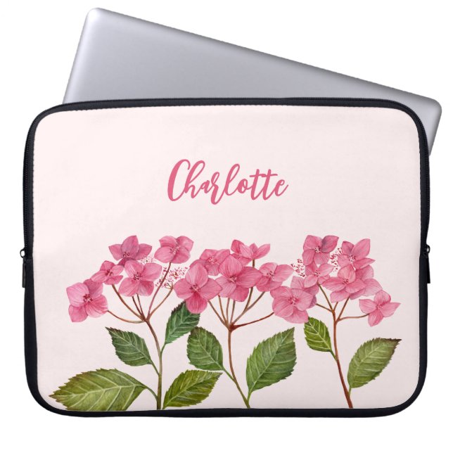 Waterverf Roze Hydrangea Lacecaps Bloemschilderij Laptop Sleeve (Voorkant)