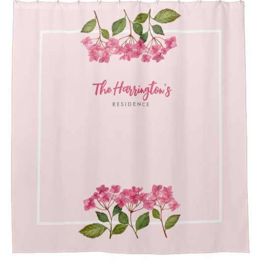 Waterverf Roze Hydrangea Lacecaps Illustratie Douchegordijn (Voorkant)
