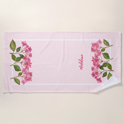 Waterverf Roze Hydrangea Lacecaps Illustratie Strandlaken (Voorkant)