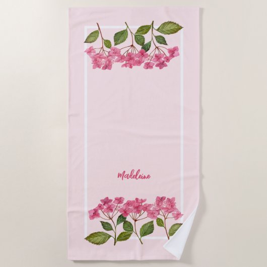 Waterverf Roze Hydrangea Lacecaps Illustratie Strandlaken (Voorkant)