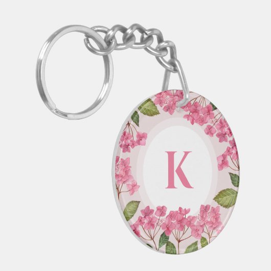 Waterverf Roze Hydrangea Lacecaps Monogram Sleutelhanger (Voorkant Links)