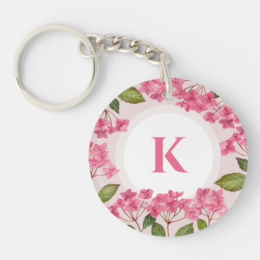 Waterverf Roze Hydrangea Lacecaps Monogram Sleutelhanger (Voorkant)