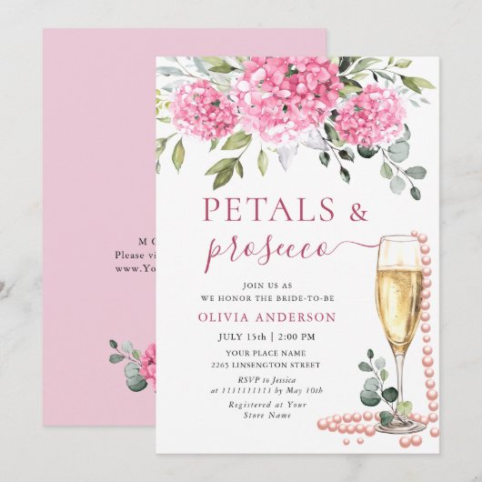 Waterverf Roze Hydrangea PETALS & Prosecco Kaart (Voorkant / Achterkant)