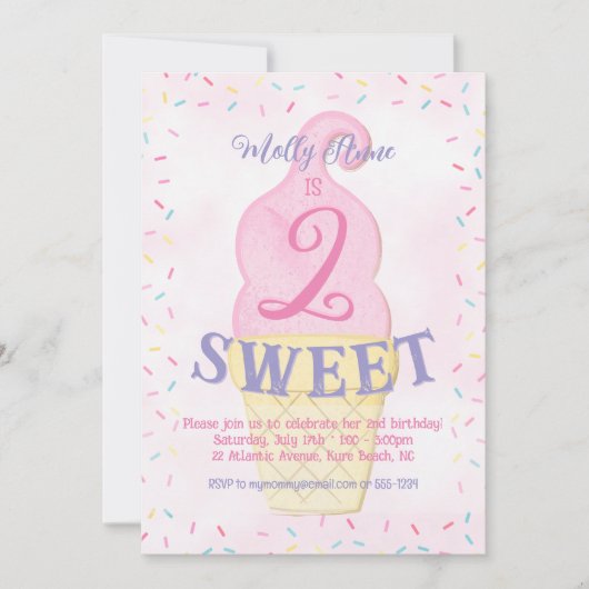 Waterverf Roze Ice Cream Cone 2e Verjaardags Meisj Kaart (Voorkant)