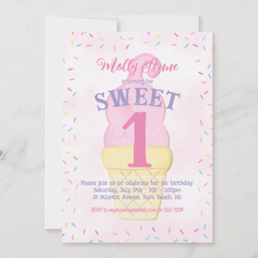 Waterverf Roze Ice Cream Cone Verjaardagsmeisje Kaart (Voorkant)