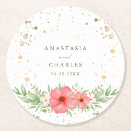Waterverf Roze Ivory Greenery Floral Gold Species Ronde Kartonnen Onderzetter