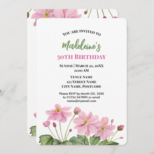 Waterverf Roze Japans Anemone Verjaardag Kaart (Voorkant / Achterkant)