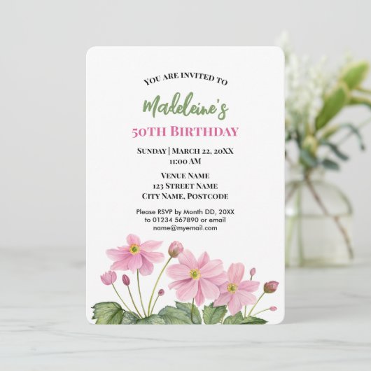 Waterverf Roze Japans Anemone Verjaardag Kaart (Staand voorkant)