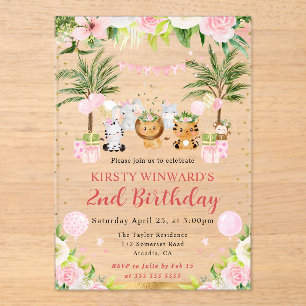 Waterverf Roze Jungle Dieren Kinderverjaardag Acryl Uitnodigingen