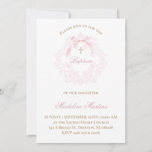 waterverf roze kam kleine boog Doop Kaart (Achterkant)