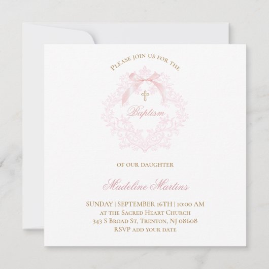 waterverf roze kam kleine boog | doop kaart (Achterkant)