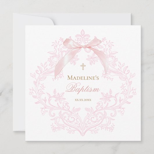 waterverf roze kam kleine boog | doop kaart (Voorkant)