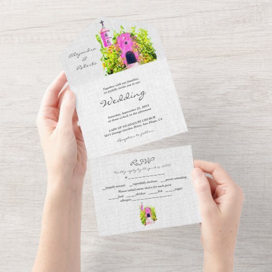 Waterverf Roze Kapel Mexicaanse bruiloft All In One Uitnodiging (Afscheurbaar)