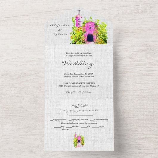 Waterverf Roze Kapel Mexicaanse bruiloft All In One Uitnodiging (Binnen)