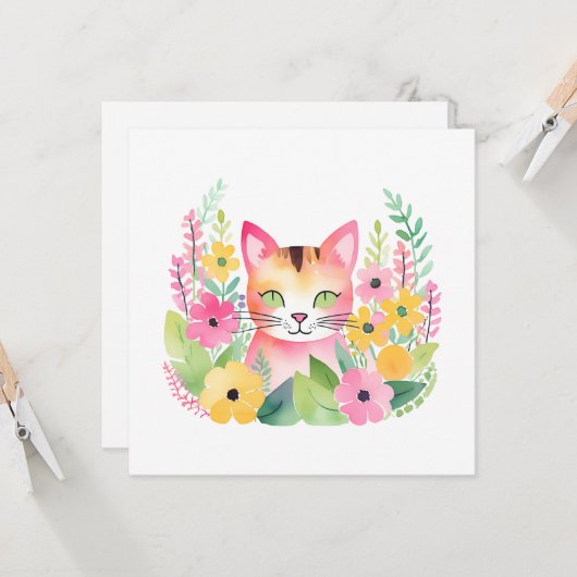 Waterverf roze kat en zomerbloemen kaart (Voorkant / Achterkant in situ)
