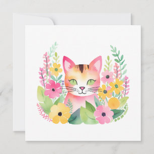 Waterverf Roze Kat en Zomerbloemen Kaart