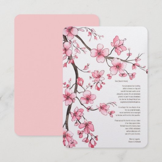Waterverf roze kersenbloesem bloemenbruiloft bedankkaart (Voorkant / Achterkant)