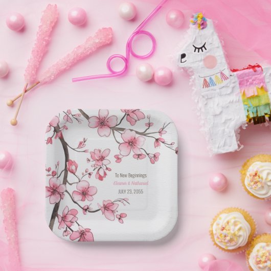 Waterverf Roze Kersenbloesem Bloemige Bruiloft Papieren Bordje (Feest)