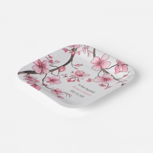 Waterverf Roze Kersenbloesem Bloemige Bruiloft Papieren Bordje (Gebogen)