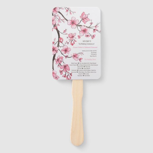 Waterverf roze kersenbloesem bruiloft programma handwaaier (Voorkant)