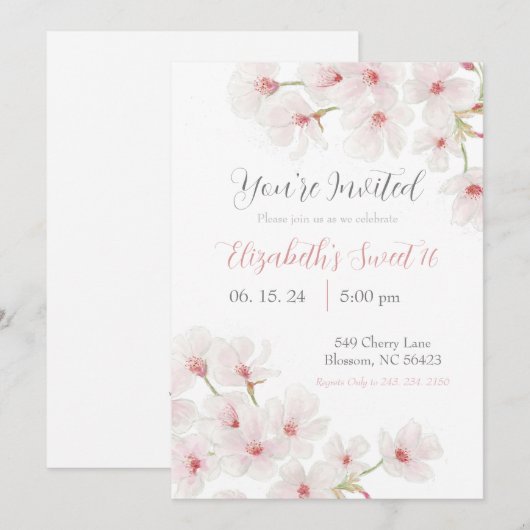 Waterverf Roze Kersenbloesems Sweet 16 Kaart (Voorkant / Achterkant)