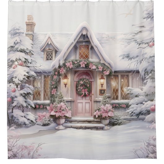 Waterverf Roze Kerst Art Douchegordijn (Voorkant)
