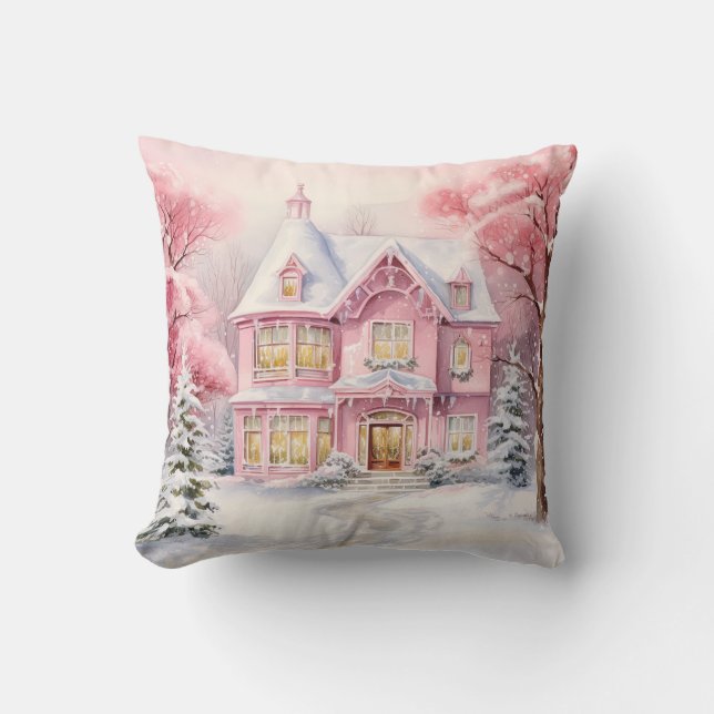 Waterverf Roze Kerst Art Sierkussen (Voorkant)