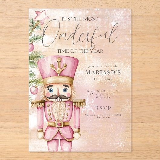 waterverf Roze Kerst Notenkraker 1e verjaardag Acryl Uitnodigingen (Voorkant)