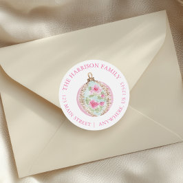 Waterverf Roze Kerst Ornament Retouradres Ronde Sticker