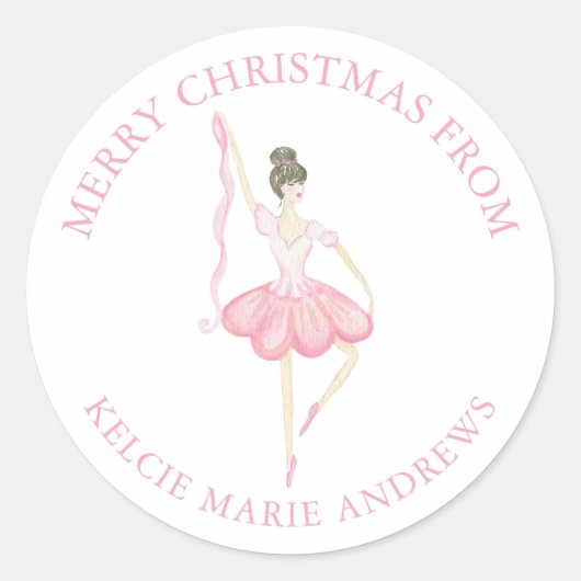 Waterverf Roze Kerstballerina Gift Ronde Sticker (Voorkant)