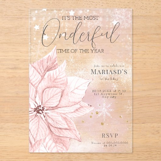 waterverf Roze Kerstbloem 1e Verjaardag Acryl Uitnodigingen (Voorkant)