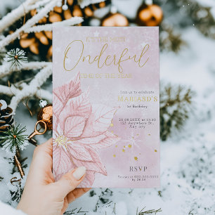 waterverf Roze Kerstbloem 1e Verjaardag Folie Uitnodiging