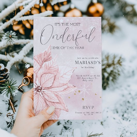 waterverf Roze Kerstbloem 1e verjaardag Kaart