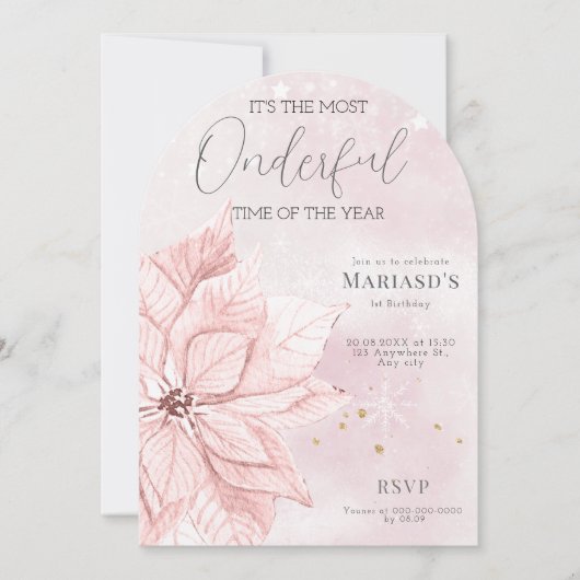 waterverf Roze Kerstbloem 1e Verjaardag Kaart (Voorkant)