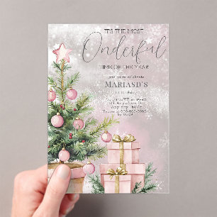 waterverf Roze Kerstboom 1e verjaardag Acryl Uitnodigingen