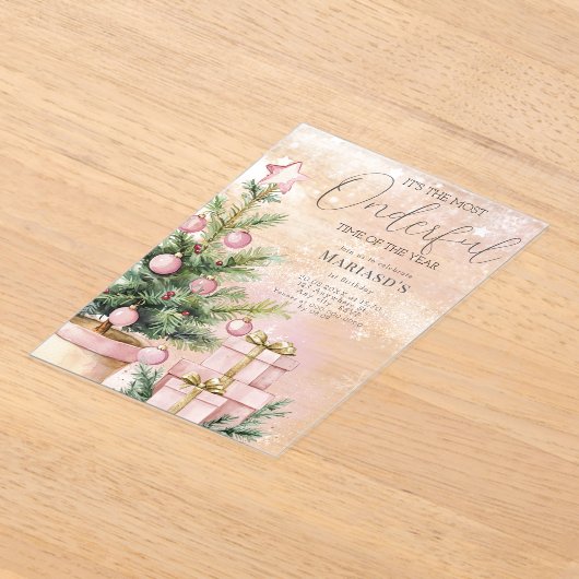 waterverf Roze Kerstboom 1e verjaardag Acryl Uitnodigingen (Laagn)