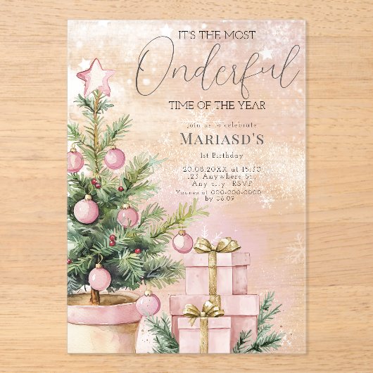 waterverf Roze Kerstboom 1e verjaardag Acryl Uitnodigingen (Voorkant)