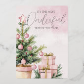 waterverf Roze Kerstboom 1e verjaardag Folie Uitnodiging (Achterkant)